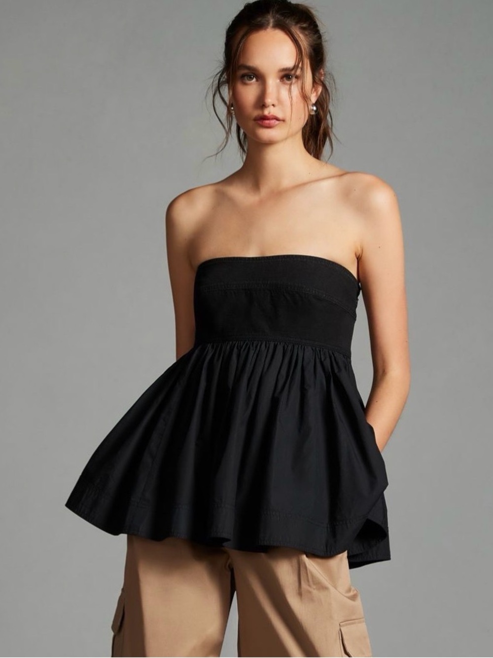 Anthropologie Black Strapless Peplum Top